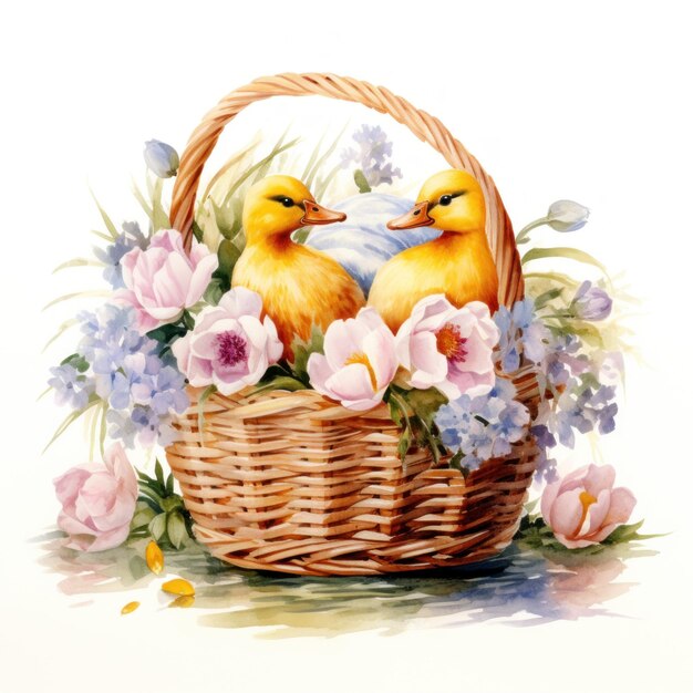 Des paniers en osier avec des fleurs de printemps, des canards en aquarelle sur fond blanc, IA générative