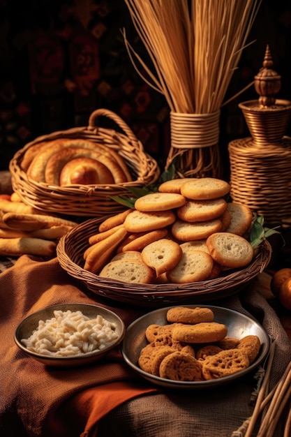 Paniers de pâtisseries et biscuits sur une table