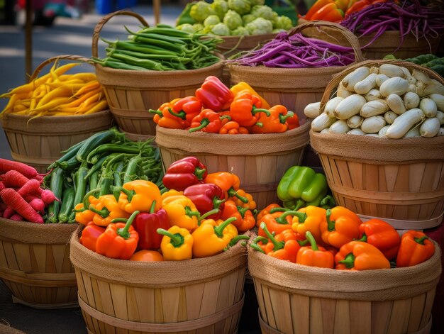 Des paniers remplis de légumes frais sur un marché de fermiers