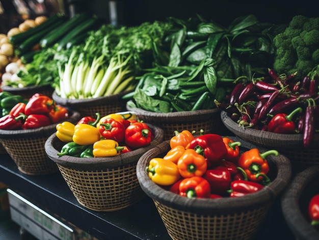 Des paniers remplis de légumes frais sur un marché de fermiers