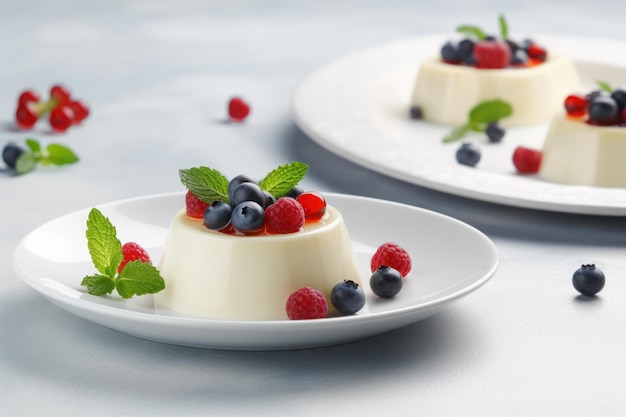 Une panna cotta aux fruits rouges et un bol blanc sur une table