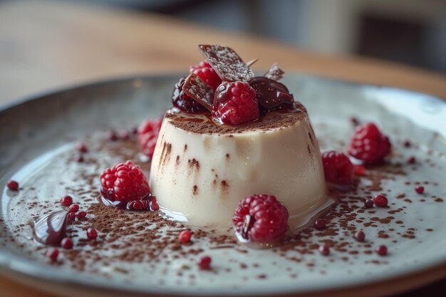 Panna cotta avec des framboises et de la poudre de cacao sur une assiette