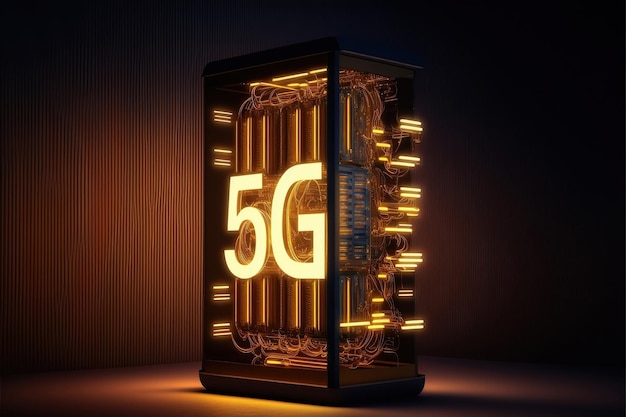 Un panneau 5g est allumé dans une pièce sombre.