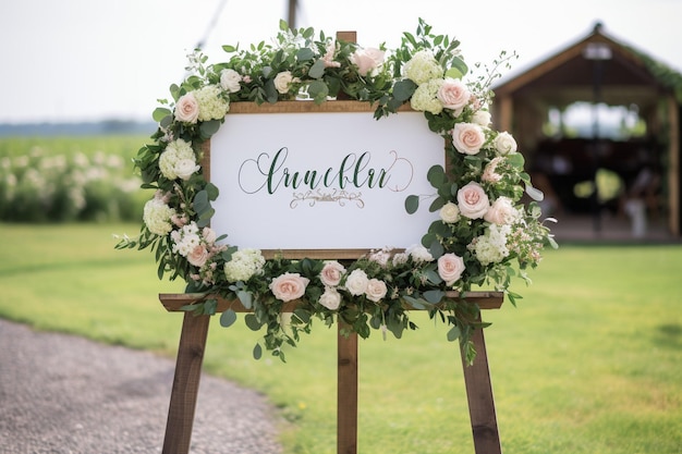 Un panneau d'accueil avec un design de calligraphie moderne et des accents floraux