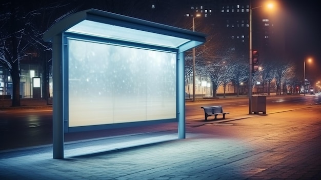 Un panneau d'affichage blanc dans un arrêt de bus dans une ville Une boîte lumineuse urbaine à l'intérieur de la publicité