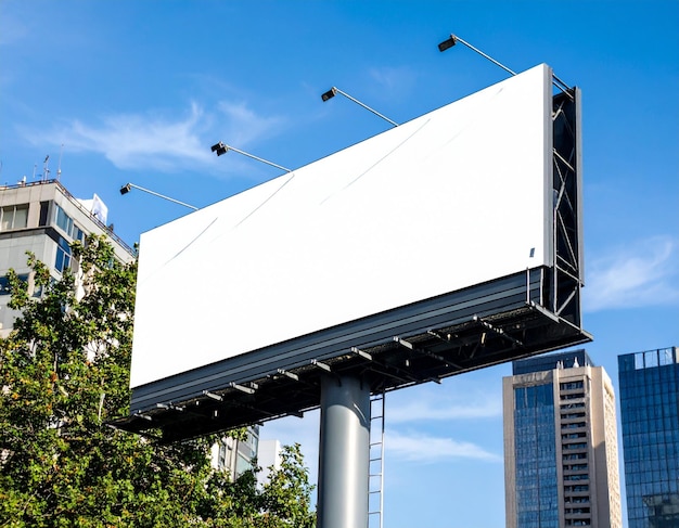Un panneau d'affichage blanc dans un environnement urbain sous un ciel bleu clair