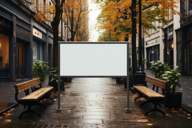 Un panneau d'affichage blanc dans une rue avec un panneau blanc blanc en arrière-plan.