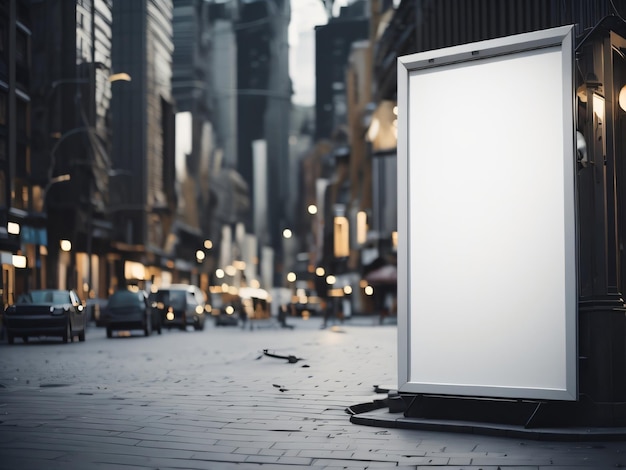 Un panneau d'affichage blanc est dans la rue d'une ville.