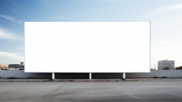 Un panneau d'affichage blanc sur un parking avec un ciel bleu et des nuages blancs en arrière-plan