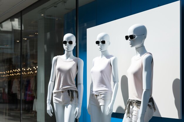 Photo panneau d'affichage blanc placé à côté des mannequins offrant une toile pour des messages créatifs