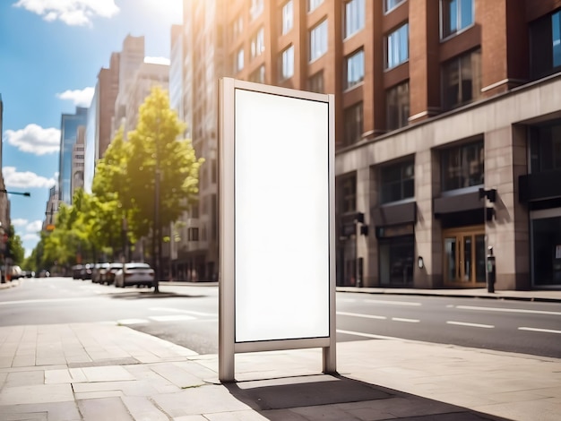 Photo panneau d'affichage blanc vertical à l'arrêt de bus sur la rue de la ville dans le fond des bâtiments et de la route