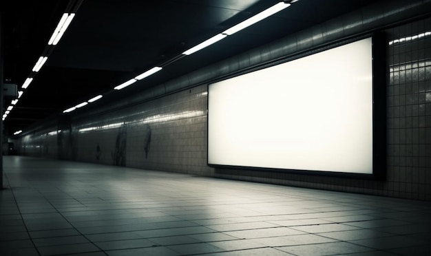 Un panneau d'affichage blanc vierge dans un tunnel sombre