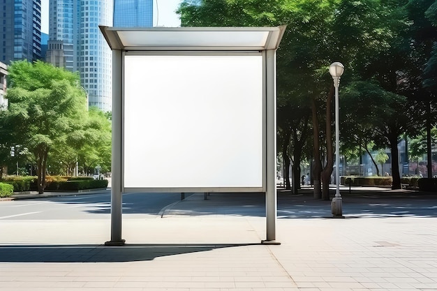 Panneau d'affichage blanc vierge vertical à l'arrêt de bus sur la rue de la ville lors de la maquette d'une journée d'été ensoleillée