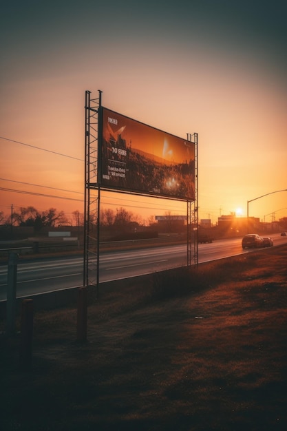 Un panneau d'affichage sur le bord de la route au coucher du soleil image générative ai