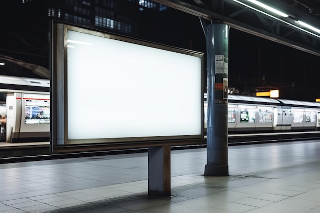 Un panneau d'affichage dans une gare avec un train qui passe.