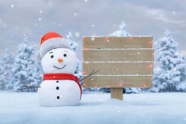 panneau d'affichage dans un paysage enneigé avec un bonhomme de neige