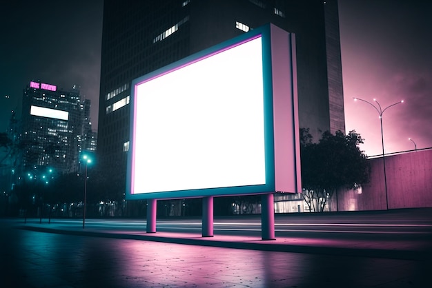 Un panneau d'affichage dans une ville la nuit avec les lumières allumées.