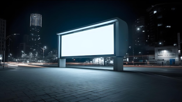 Un panneau d'affichage dans une ville la nuit avec les lumières allumées.