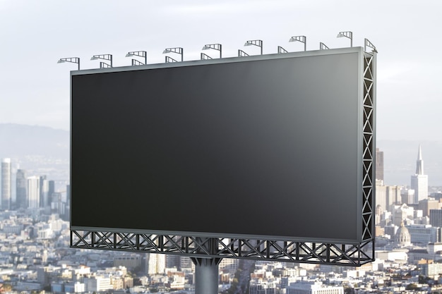Panneau d'affichage noir vierge sur les bâtiments de la ville Vue en perspective d'arrière-plan Concept publicitaire maquette