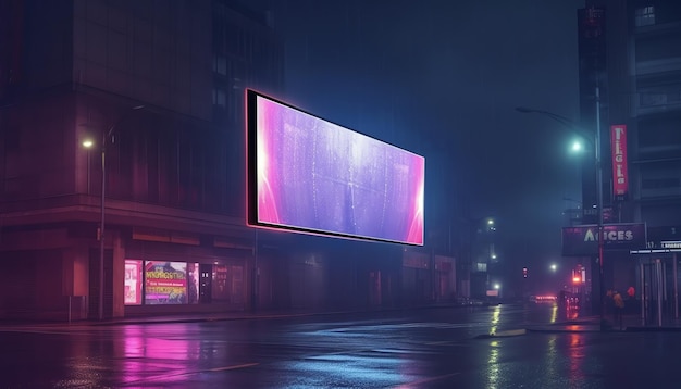 Un panneau d'affichage sur une nuit pluvieuse avec un fond rose.