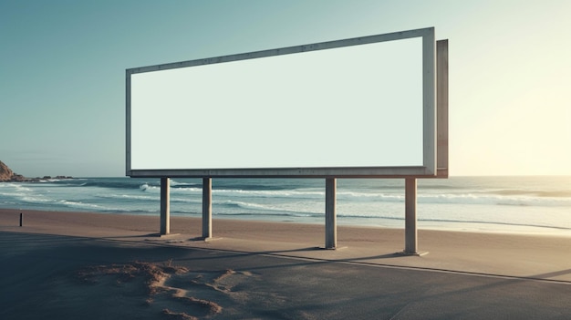 Un panneau d'affichage sur la plage avec le coucher de soleil derrière lui