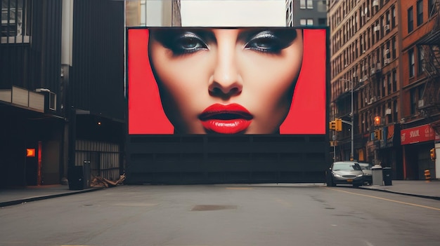 un panneau d'affichage pour une femme avec des lèvres rouges et un fond rouge.