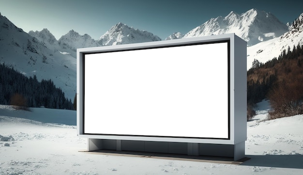 Panneau d'affichage publicitaire blanc vide sur fond de montagne enneigée AI générative
