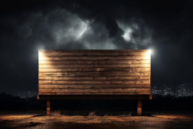 Panneau d'affichage publicitaire en bois la nuit avec une frappe de foudre