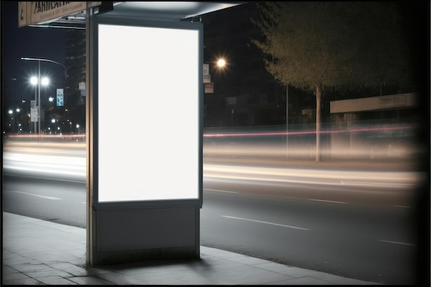 Panneau d'affichage publicitaire vide en plein air carré avec fond néon sur le trottoir