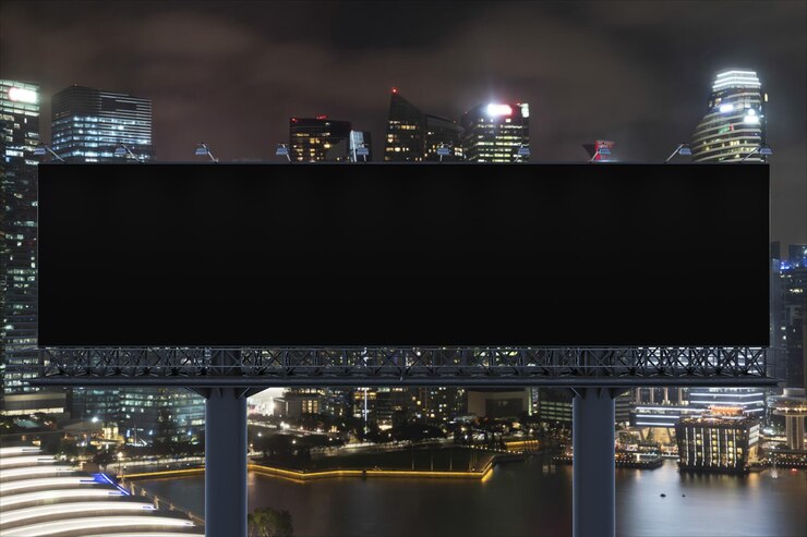 Photo panneau d'affichage routier noir vierge avec fond de paysage urbain de singapour la nuit affiche publicitaire de rue maquette rendu 3d vue de face le concept de communication marketing pour vendre une idée