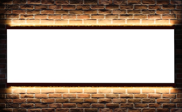 Panneau d'affichage suspendu avec maquette de lumière led sur un espace réservé et une affiche de bannière de mur de briques