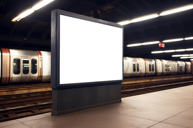 Un panneau d'affichage vide ou une affiche publicitaire dans une station de métro souterraine urbaine