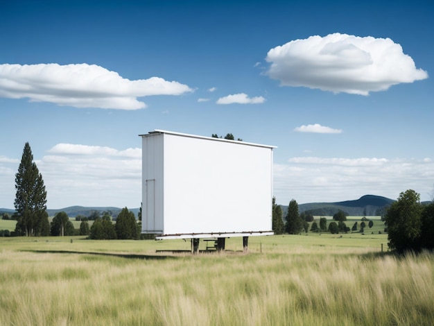 Un panneau d'affichage vide dans un champ avec un ciel bleu et des nuages