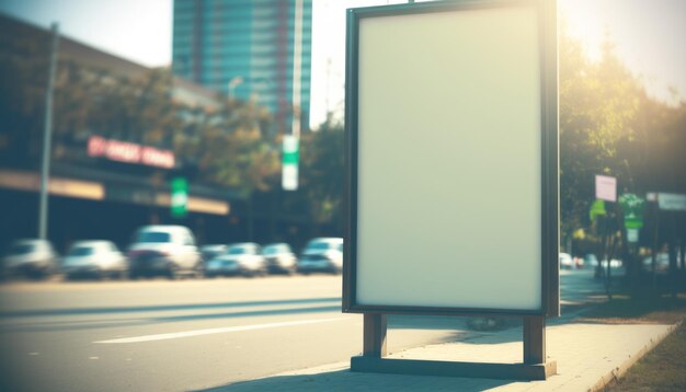 Panneau d'affichage vide dans la maquette d'arrière-plan flou de jour lumineux de la ville