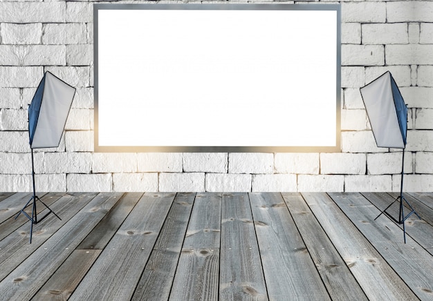 Photo panneau d'affichage vide avec lumières de studio sur plancher en bois sur mur