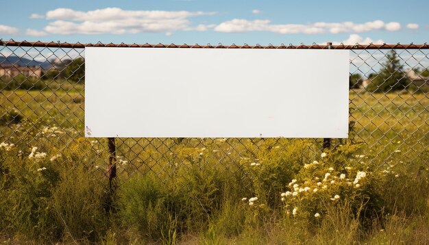 Photo un panneau d'affichage vide sur une prairie verte avec un ciel bleu généré par l'ia