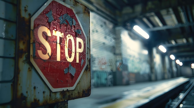 Un panneau d'arrêt affiché dans une station de métro pour la sécurité des véhicules