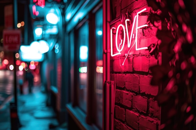 Un panneau au néon écrivant "LOVE" en rose contre un mur de briques la nuit.