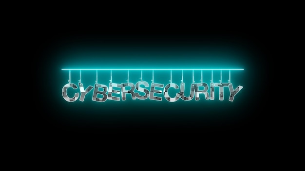Un panneau au néon futuriste avec les mots cybersécurité brillant en vert sur un fond sombre