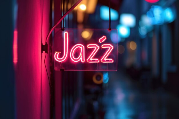 Un panneau au néon rouge lumineux de jazz sur un paysage nocturne flou de la ville