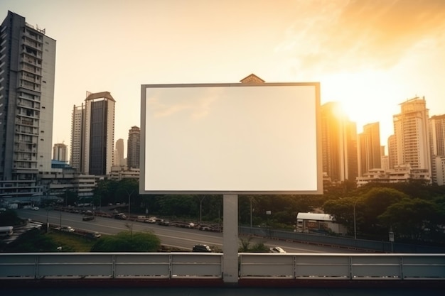 Un panneau blanc prêt pour une nouvelle publicité dans la ville avec des gratte-ciel au coucher du soleil