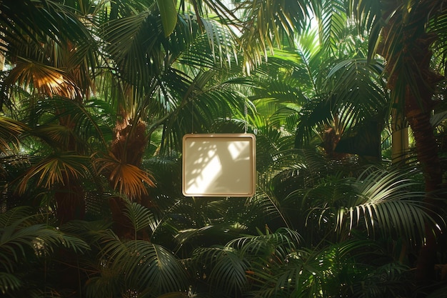 Un panneau blanc suspendu dans une jungle tropicale luxuriante avec des palmiers verts