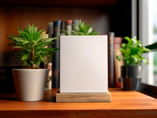 Panneau blanc vierge avec plante sur table en bois dans le salon IA générative