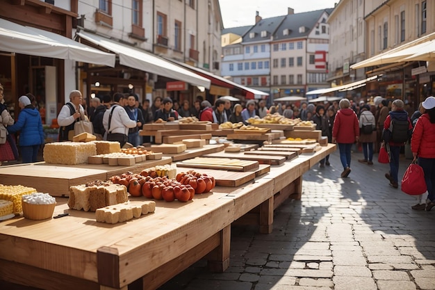 Un panneau de bois au milieu d'une place de marché animée