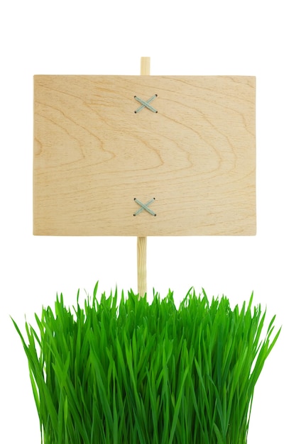 Panneau en bois blanc avec herbe verte isolée