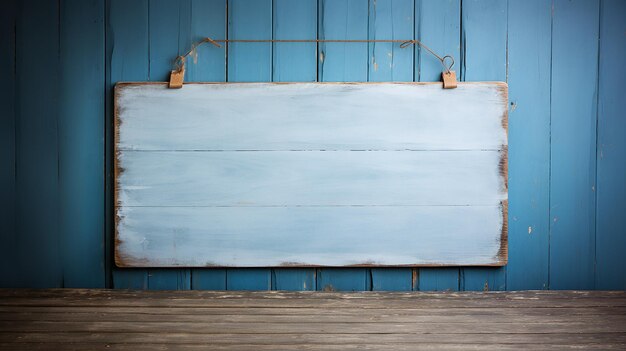 Un panneau en bois bleu blanc accroché à une vieille porte en bois