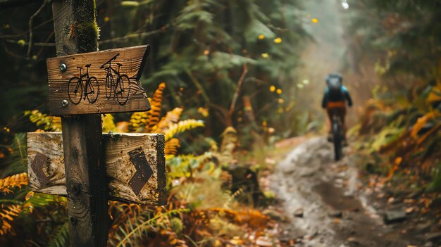 Photo un panneau en bois indique le chemin d'un sentier de vélo de montagne dans une forêt luxuriante un cycliste de montagne descend le sentier en arrière-plan