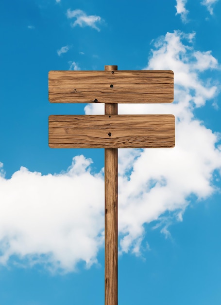 Un panneau en bois isolé sur un ciel bleu avec des nuages blancs Concept de direction Modèle de modèle