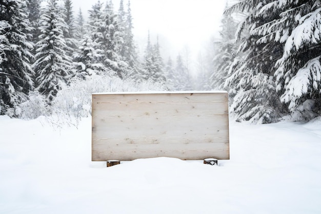 Un panneau en bois de Noël vide couvert de neige blanche sur fond blanc