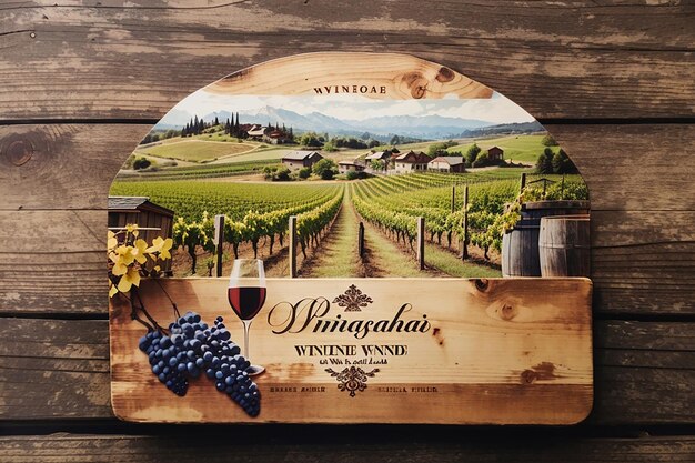 Photo un panneau de bois rustique contre un vignoble pour une conception d'étiquette de vin